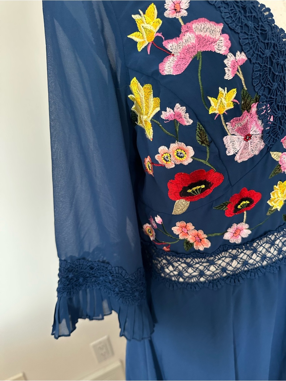 Cottagecore Boho Navy Floral Embroidered Crochet Lace Dress 8 Romantic Fairycore - Picture 3 of 14